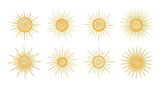 Set of hand drawn sun icons with spiral centers and various sunbeam styles