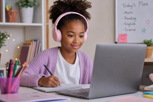 African American Schoolgirl Wearing Headphones Studying Online with Laptop at Home