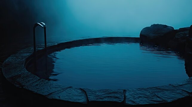 Misty, dark hot spring bath with stone rim.