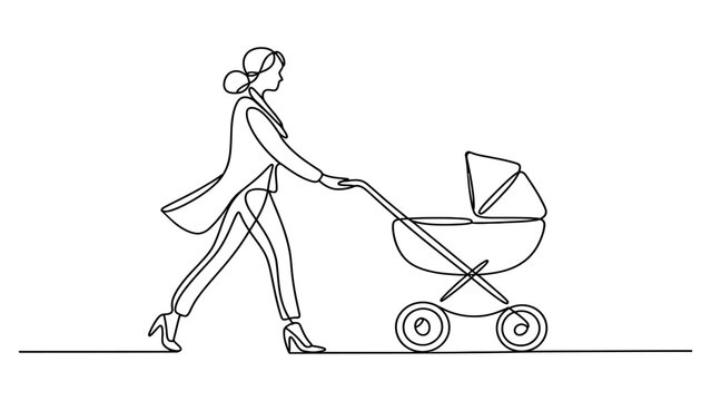 Continuous one line drawing of a mother pushing a baby stroller isolated on a white background Vector, illustration