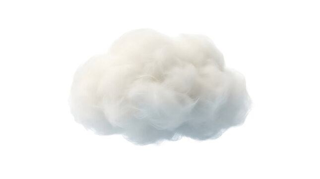 Fluffy white cloud isolated on white background, soft cotton-like cumulus cloud texture for sky replacement. Realistic atmospheric vapor element for weather forecasting and nature design.
