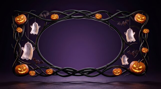 Spooky halloween frame with jack o lanterns ghosts and dark decorations