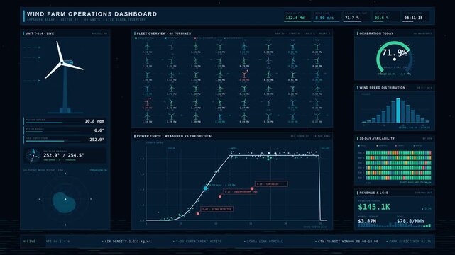 Premium 4K wind farm operations dashboard showing turbine monitoring, fleet analytics, and real-time wind-flow visualization in a sleek dark interface.