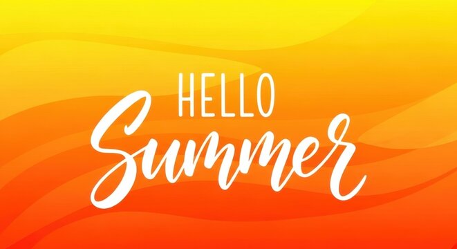 Hello summer text on abstract wavy yellow and orange gradient background