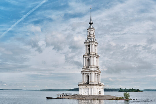 Flooded Belfry of Saint Nicholas Cathedral on Island surrounded of water in Kalyazin, Russia