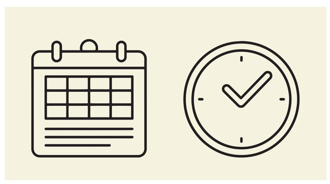 Minimalist outline icons featuring a grid calendar and a checked clock schedule management time check deadline passed approved time appointment confirmed planning ico