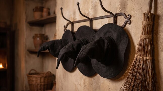 Three black witch hats hanging on a rustic coat rack next to a traditional straw broom