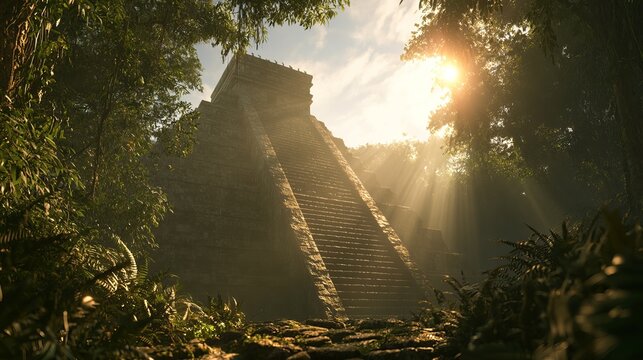 Ancient stone pyramid emerges from dense jungle foliage, bathed in radiant sunlight, background representing exploration and history