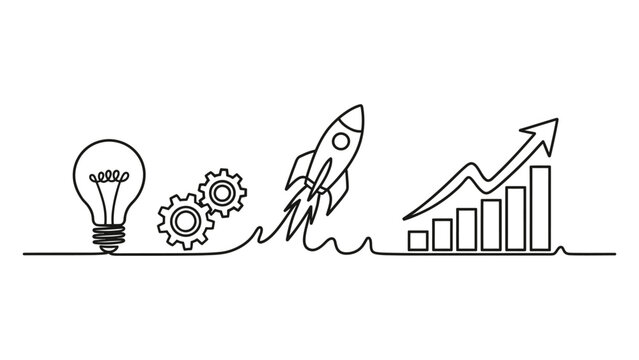 Continuous single line drawing of business concept with light bulb gears rocket and growth chart graph isolated on white background Vector, illustration