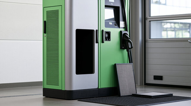 Industrial air filter swap on a modern electric vehicle charging cabinet to ensure proper thermal ventilation and cooling
