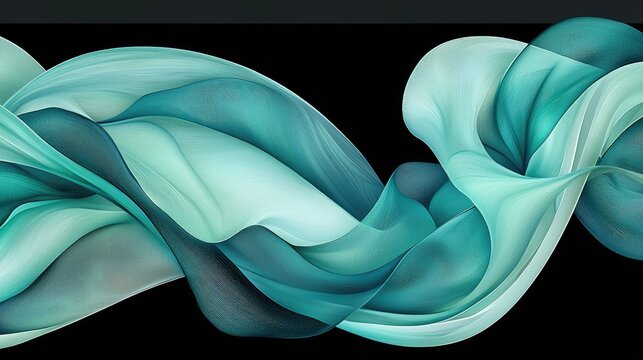 Abstract design of flowing turquoise and teal fabrics on a black background.