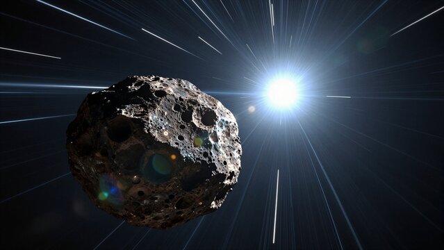 An asteroid moves swiftly through space, illuminated by a radiant sun and streaked with motion blur trails.