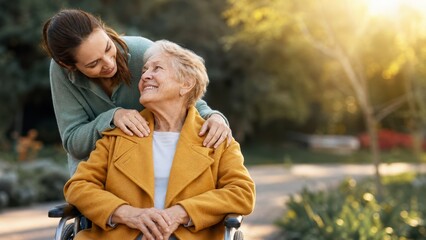 Fototapeta premium Happy young woman caring for senior woman in wheelchair outdoors, family support and elderly care
