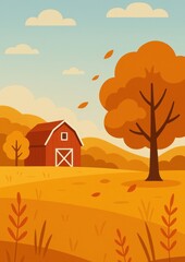 Fototapeta premium Autumn farm landscape illustration