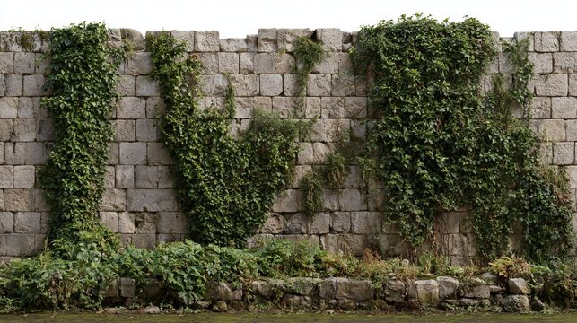 Ancient stone wall adorned with vibrant green ivy foliage, merging nature and architecture against a neutral sky, concept for rustic textures