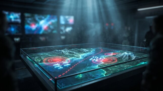 Military Map Table with Terrain Model Naval Ships and Red Alert Zones Operations Concept