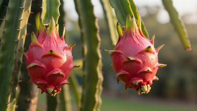 Two vibrant pink dragon fruits grow from a spiky green cactus plant under warm sunlight.