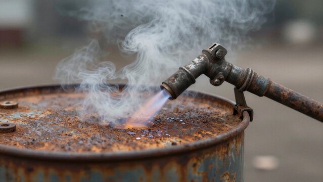 A flame torch emitting blue fire and white smoke is applied to a rusty metal drum during an abrasive blasting process.