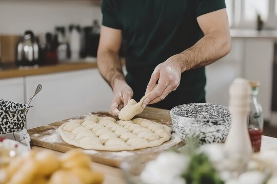 Man kneading dough in kitchen for fresh homemade bread preparation