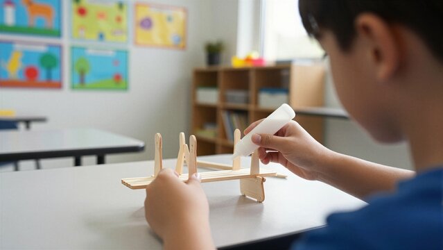 Young student constructs wooden bridge model using glue in classroom setting with colorful artwork on walls.