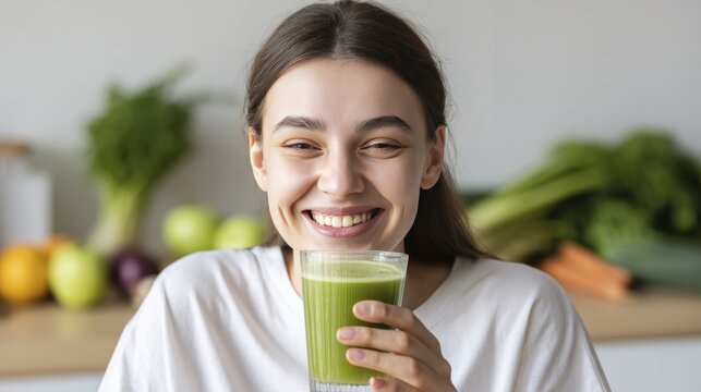 Happy woman enjoying healthy green smoothie in fresh kitchen atmosphere
