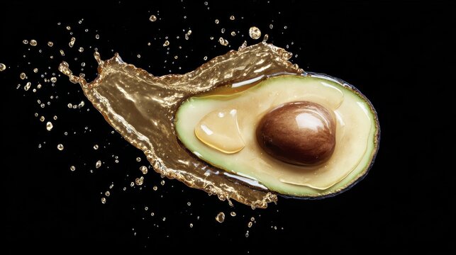 Dynamic avocado with splash of gold liquid on black background