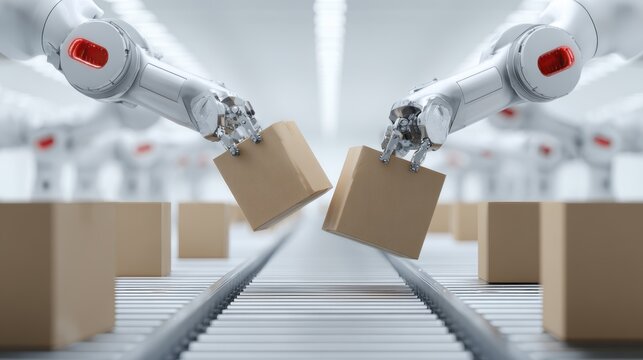 Advanced robotic arms sorting packages on a conveyor belt in a modern warehouse