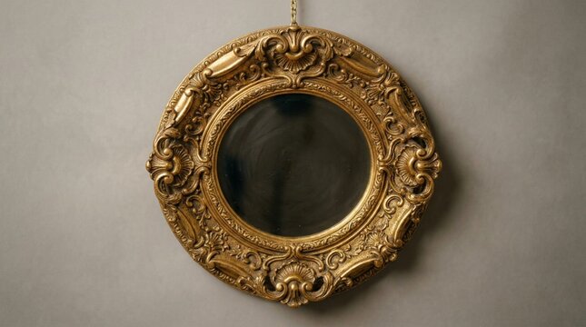 Ornate gold oval baroque frame with intricate scrollwork carvings hanging on neutral wall, vintage antique decorative mirror or empty picture frame, luxury classical home decor