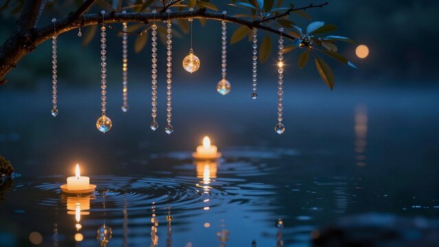 Glowing floating candles rest gently on calm water under hanging crystal beads, reflecting warm light against a serene twilight backdrop.