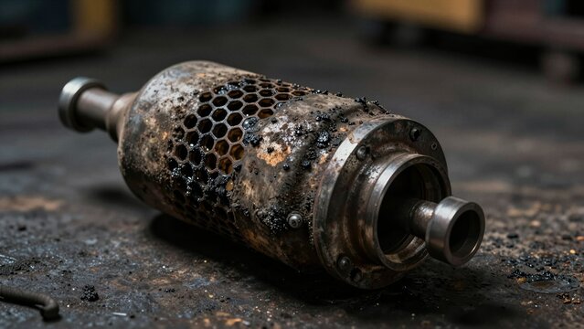 A damaged catalytic converter covered in soot and debris rests on a grimy metal surface, indicating engine failure or exhaust system malfunction.