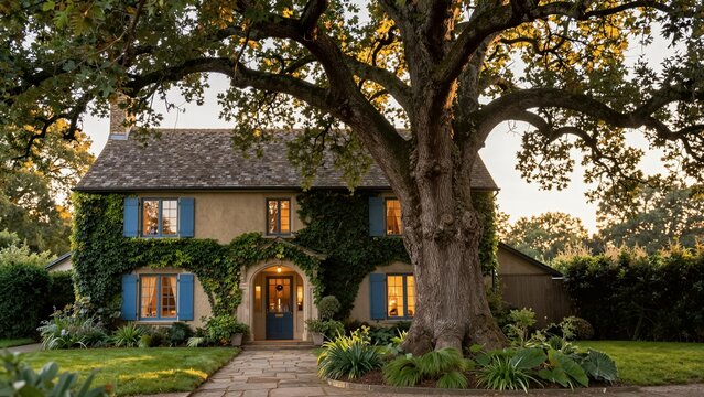 A charming cottage house exterior with ivy-covered walls, blue shutters, and a large tree casting shadows over the stone pathway at sunset.