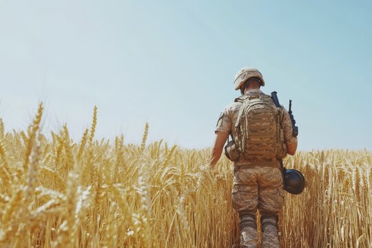 Soldier in wheat field under clear sky: a symbol of resilience and duty in rural landscape