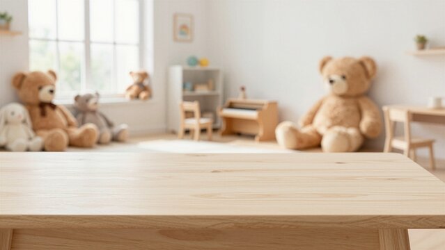 A wooden table sits ready for product placement, surrounded by plush teddy bears and child-friendly furniture in a bright playroom.