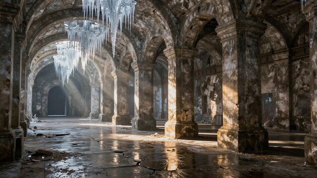 An abandoned cathedral-like tunnel frozen with icicles and sunlight piercing through broken arches.