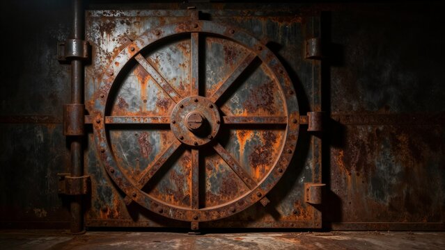 A massive, corroded vault door with iron rust and decayed metal textures stands sealed within a forgotten industrial space.