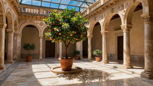 A grand Sicilian baroque courtyard features an ornate glass roof, marble floors, and a central potted orange tree casting dappled shadows.