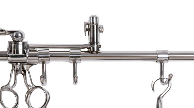 Metal tool rack with adjustable hooks and clamps for holding scissors on white background with silver metal grooming