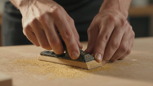 A skilled craftsman uses a hand plane to smooth a wooden plank, creating fine sawdust in a workshop setting.