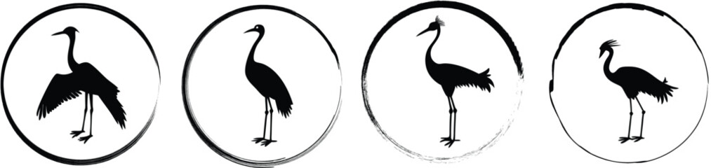 Naklejka premium Four circular featuring a black silhouette of a crane bird, isolated on a white background, set, nature