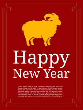 Chinese New Year Greeting Card Design with Golden Ram Silhouette on Red Background