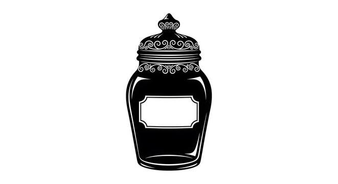 Ornate black silhouette of an elegant glass jar with a label