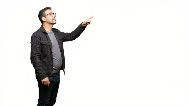 A bespectacled senior man points diagonally upwards, indicating recommendations and points of interest.