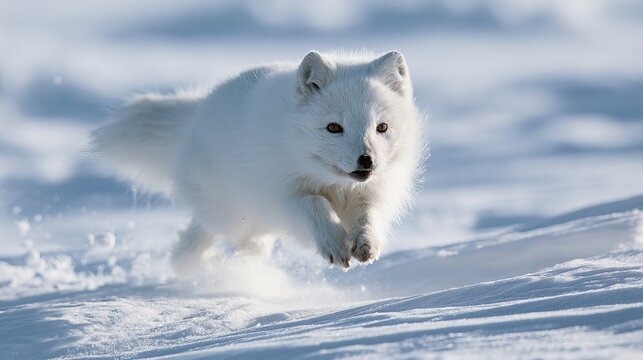 Arctic fox swiftly running across a snow-covered expanse, displaying thick white fur and focused gaze, suitable for wildlife and nature stock photography