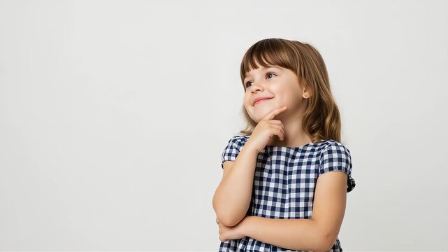 A little girl with her hand on her chin, smiling and looking up, deep in thought.