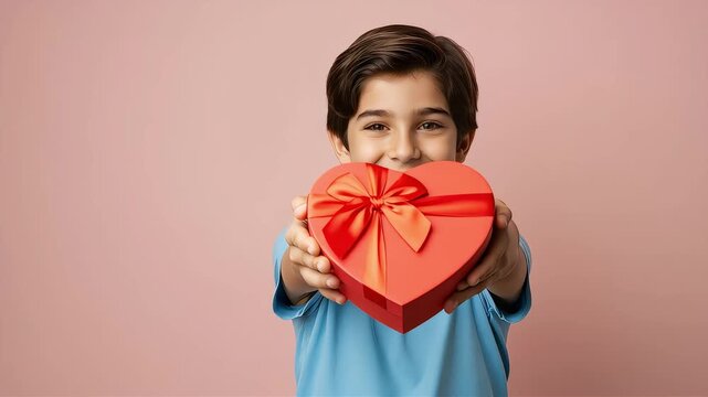 A boy holds out a heart-shaped gift box in front of a muted pink background.