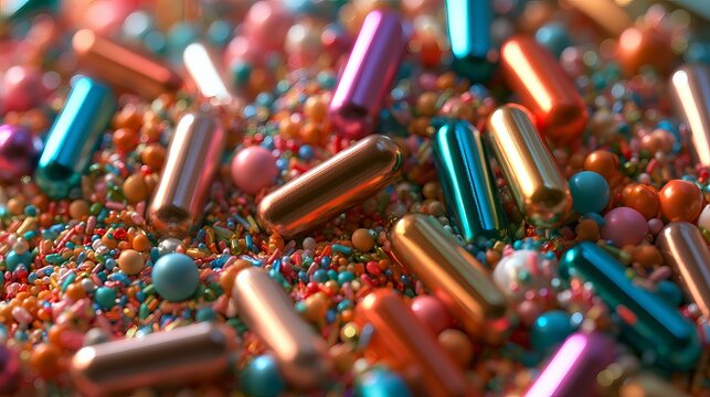 Shimmering capsules and vibrant sprinkles rest amidst a colorful sprinkle heap, concept for pharmaceutical innovation and joyful celebration themes