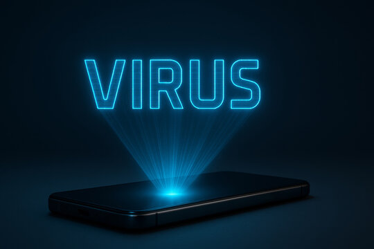 Cybersecurity concept with glowing virus text above smartphone, digital theme