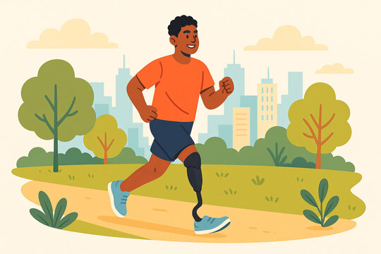 Man jogging with prosthetic leg in park, city skyline in background