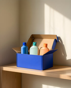 One cobalt open box holding three clean household items