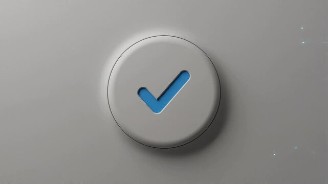Holographic Grid Scan Materializes Blue Checkmark Button From Blueprint.